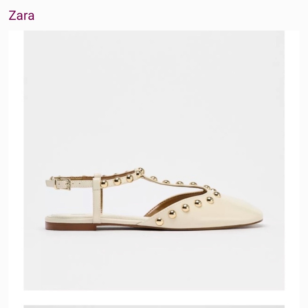 Zara Cream Studded Pointed T-Strap Flats